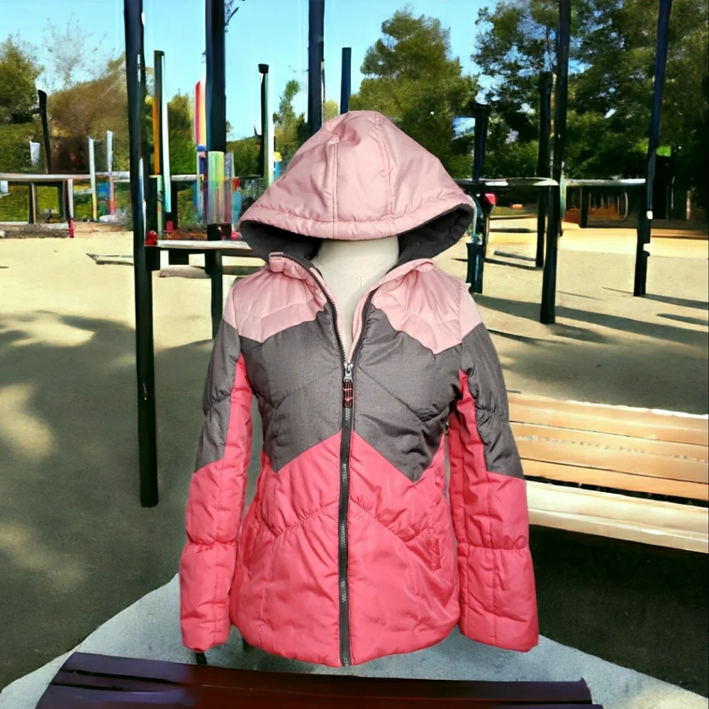 London Fog Girls Puffer Coat XL Hooded Chevron Colorblock Fleece Lined Winter